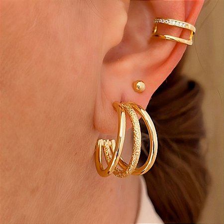 Brinco de Argola 3 Fios Lisa e Texturizada Tell Banhado a Ouro 18k