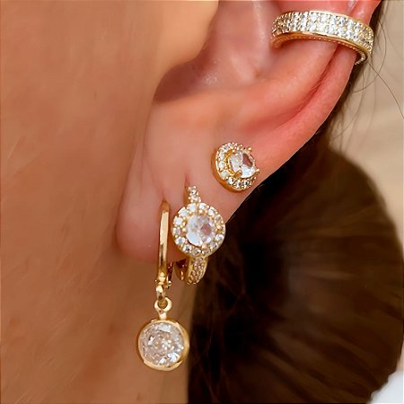 Brinco Trio Mix Cristal Banhado a Ouro 18k