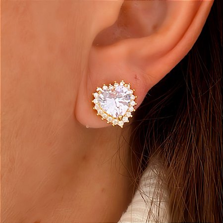 Brinco Coração Cristal e Zircônia Banhado a Ouro 18k