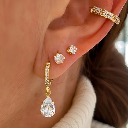 Brinco de Argolinha Gota Cristal e Zircônia Banhado a Ouro 18k