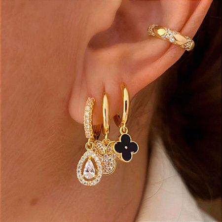 Trio Mix Cristais e Trevo Preto Banhado a Ouro 18k