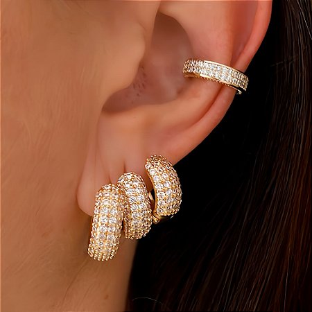 Brinco Trio de Argolas Arredondadas Crav Luxo Banhado a Ouro 18k