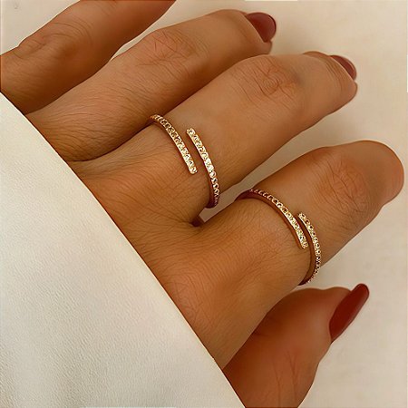 Anel 2 Fios Regulável Cravejado Banhado a Ouro 18k