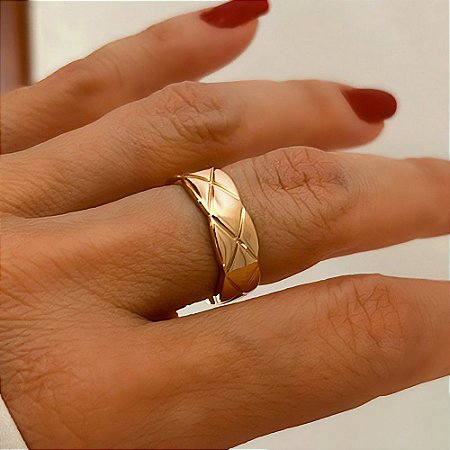 Anel Luxo Regulável Detalhes Banhado a Ouro 18k