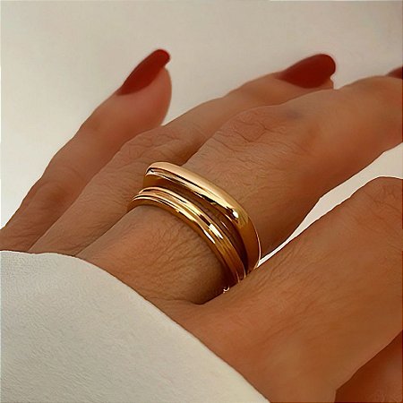 Anel Liso Regulável Quadrado e Circular Banhado a Ouro 18k