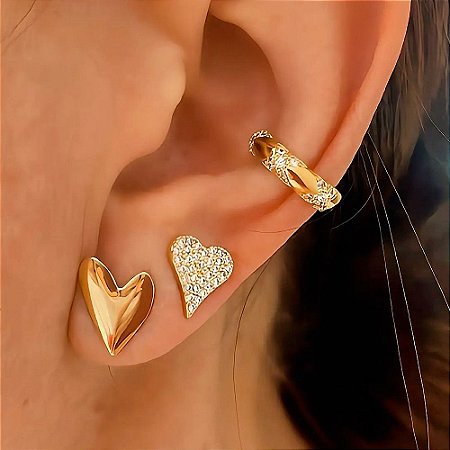 Brinco Duplo Coração Liso e Cravejado Banhado a Ouro 18k