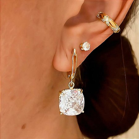 Brinco de Argola Quadrado Cristal Banhado a Ouro 18k
