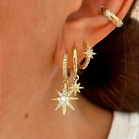 Brinco Trio mix Estelar Banhado a Ouro 18k