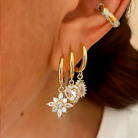 Brinco Trio Mix Cristal Grace Banhado a Ouro 18k
