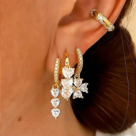 Brinco Trio Mix Chuva de Cristais Banhado a Ouro 18k