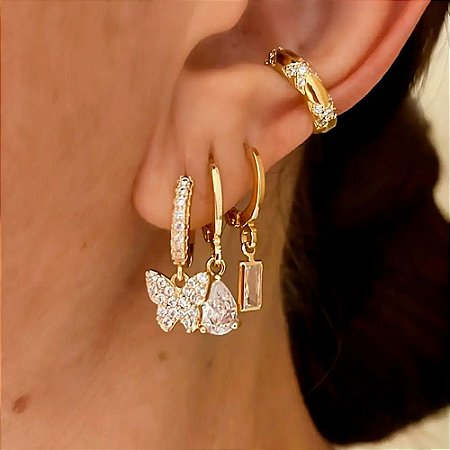 Brinco Trio mix Borboleta Banhado a Ouro 18k