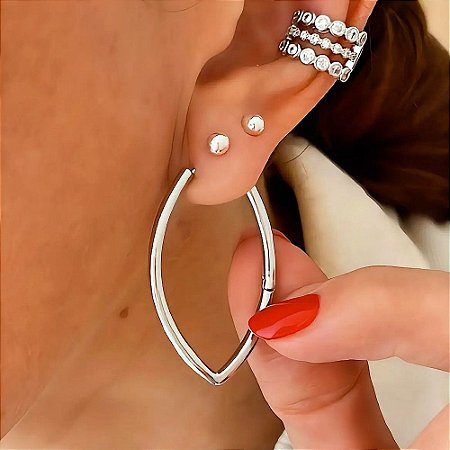 Brinco de Argola Fina Oval Leaf Ródio Branco