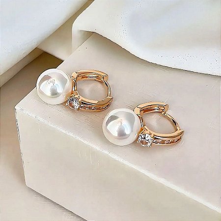 Brinco de Argola Pérola com Cristal Lindy Banhado a Ouro 18k