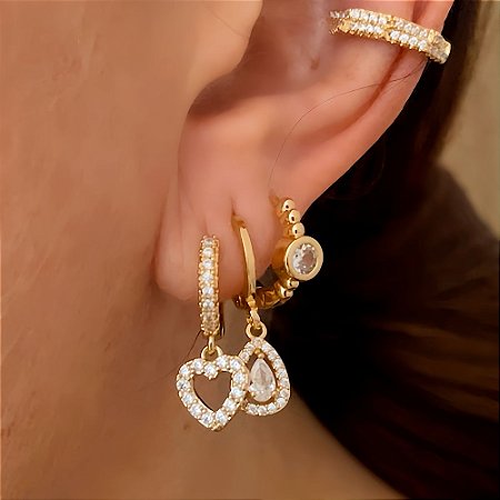 Brinco Trio Mix Charme e Cristais Banhado a Ouro 18k