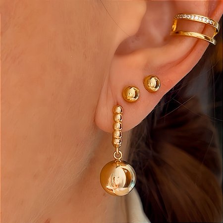 Brinco de Argolinha Esfera e Detalhes Liv Banhado a Ouro 18k
