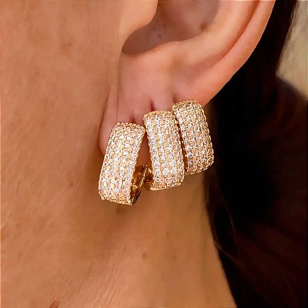 Brinco Trio Quadrado Brillé Banhado a Ouro 18k