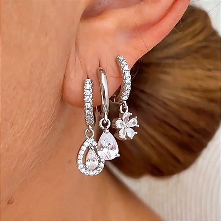 Brinco Trio Lumi Cristal Ródio Branco