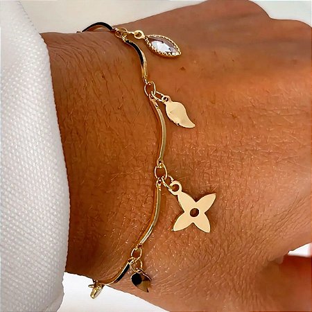 Pulseira Pingente Oval Cristal e Flor Vitty Banhada a Ouro 18k