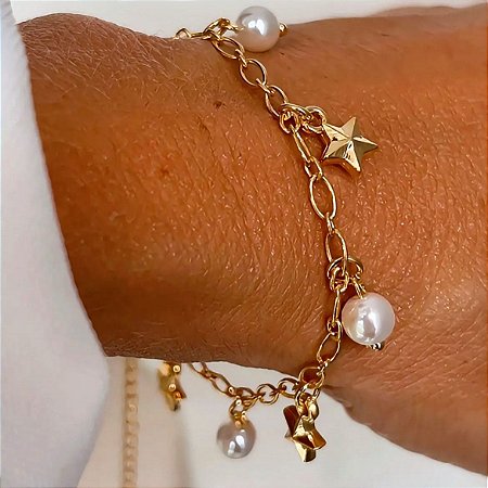 Pulseira Pérolas e Estrelas Banhada a Ouro 18k