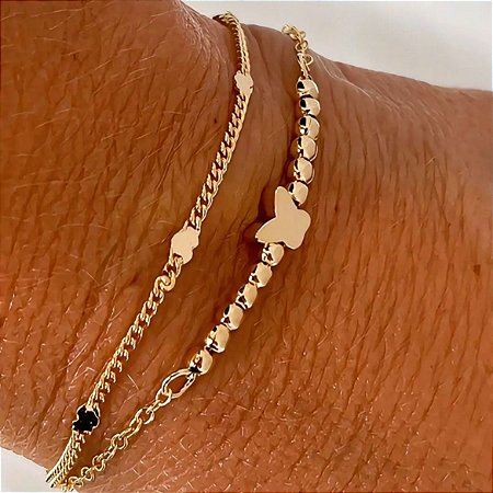Pulseira Dupla Detalhes Minimal Banhada a Ouro 18k