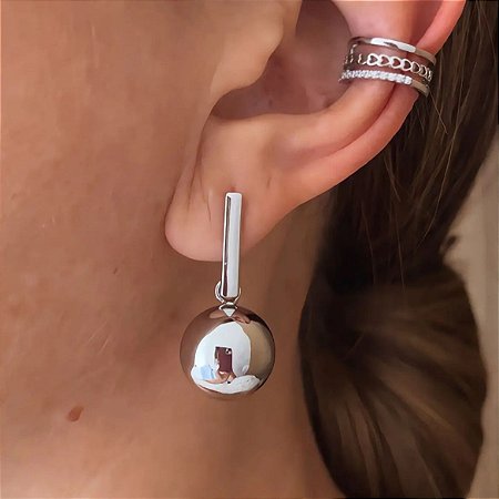 Brinco Pêndulo Esfera Hely Ródio Branco