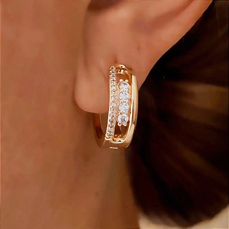 Brinco de Argola Luxo Cristais Atena Banhado a Ouro 18k