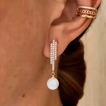 Brinco Pêndulo Slim Pérola Anne Banhado a Ouro 18k