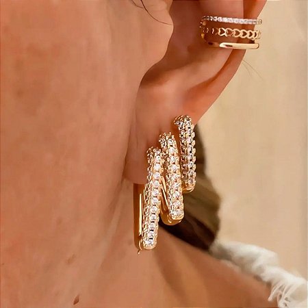 Brinco Trio Cravejado Retangular Elevé Banhado a Ouro 18k