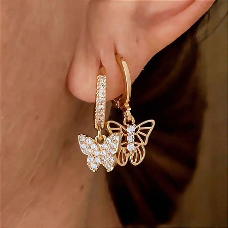 Brinco Mix Duplo Argolinha Borboleta Banhado a Ouro 18k