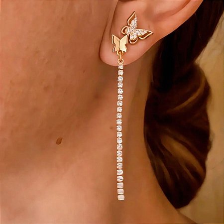 Brinco Mix Duplo Fio e Zircônias Borboleta Banhado a Ouro 18k