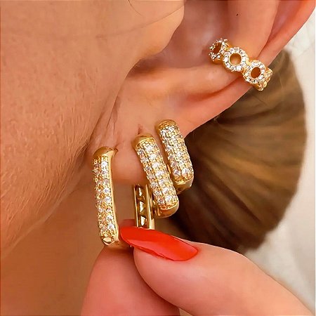 Brinco Trio de Argolas Retangular Luxo Vienna Banhado a Ouro 18k