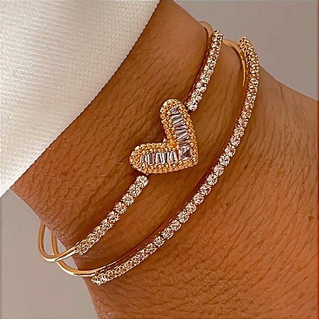Bracelete Coração Cristais Banhado a Ouro 18k