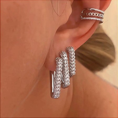 Brinco Trio Cravejado Retangular Elevé Ródio Branco