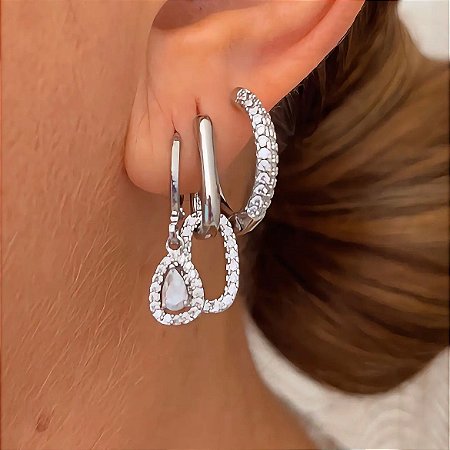 Brinco trio Mix Glam Ródio Branco
