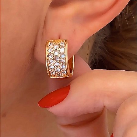 Brinco de Argola 3 Fileiras Luxo Cravejado Lillah Banhado a Ouro 18k