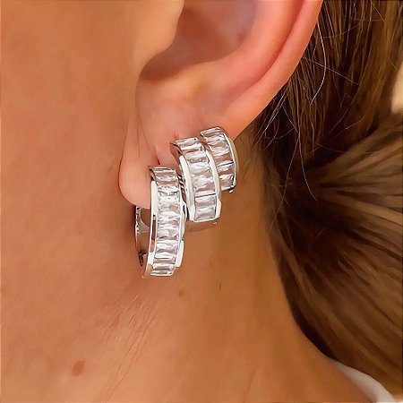 Brinco Trio de Argolas e Navetes Cristais Ródio Branco