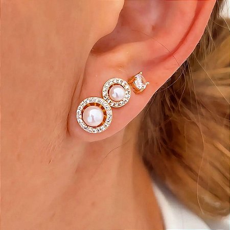 Brinco Trio Pérolas e Ponto Luz Luare Banhado a Ouro 18k