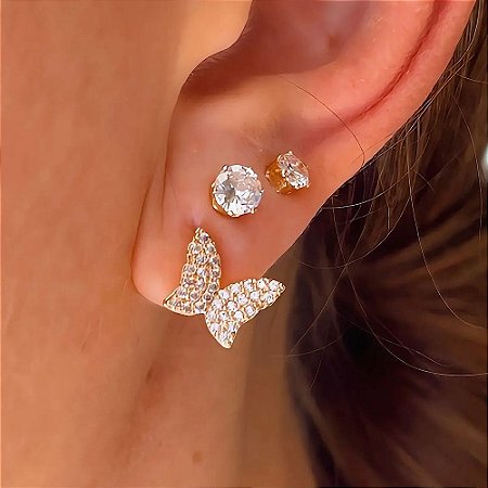 Brinco Trio Ponto de Luz e Borboleta Lefitah Banhado a Ouro 18k