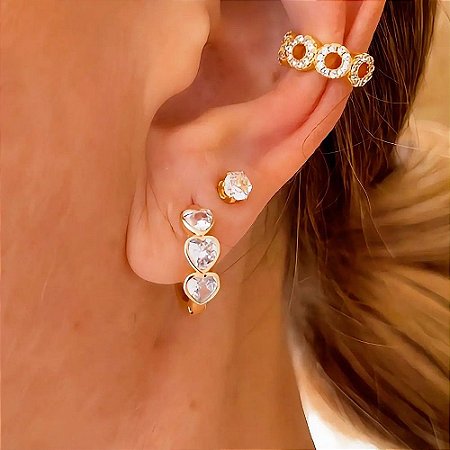 Brinco Argolinha Cristal 3 Corações Banhado a Ouro 18k