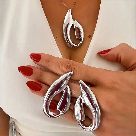 Colar Conjunto Orgânico Vazado Ródio Branco