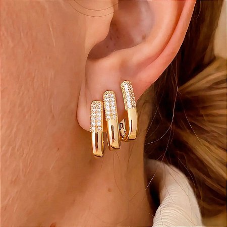 Brinco Trio de Argolinha Oval com Zircônias Jolie Banhado a Ouro 18k