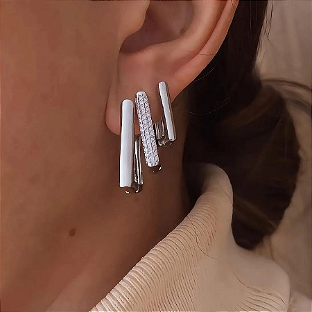Brinco Trio Retangular Liso e Cravejado Essenza Ródio Branco