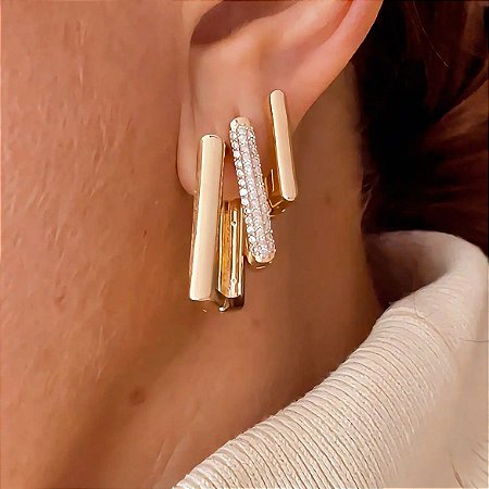Brinco Trio Retangular Liso e Cravejado Essenza Banhado a Ouro 18k