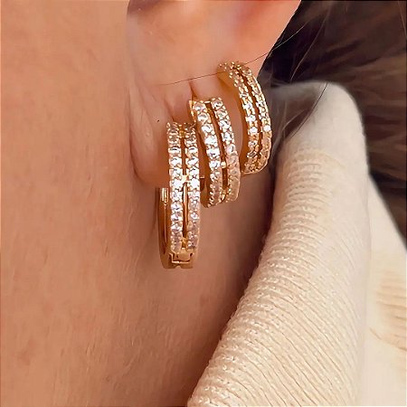 Brinco Trio Argolas 2 Fileiras Slim Mila Banhado a Ouro 18k