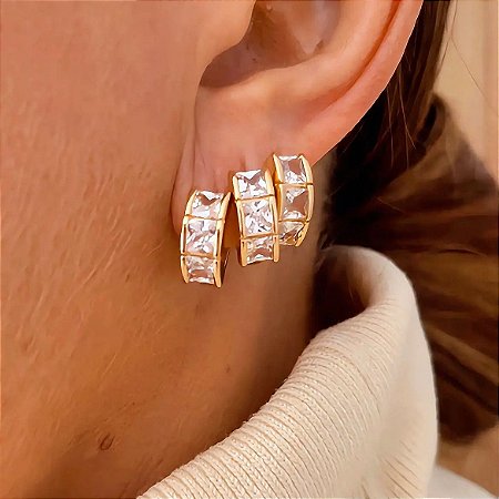 Brinco Trio Argolas Quadradinho Cristais Lumiê Banhado a Ouro 18k