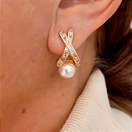 Brinco de Argola em X Cristais e Pérola Dolce Banhado a Ouro 18k