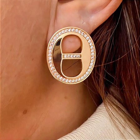 Brinco Oval Luxo com Zircônia Palace Banhado a Ouro 18k
