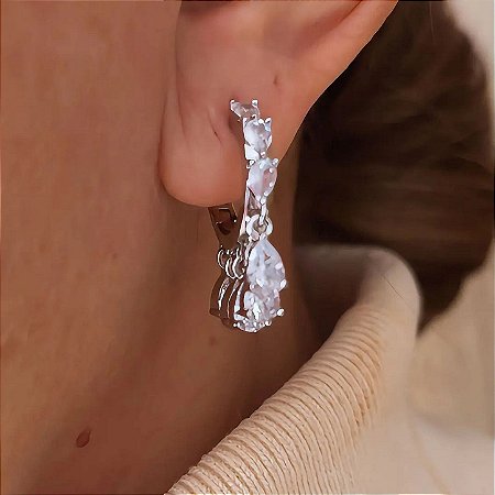 Brinco Argolinha Gotas de Cristal Lumin Ródio Branco