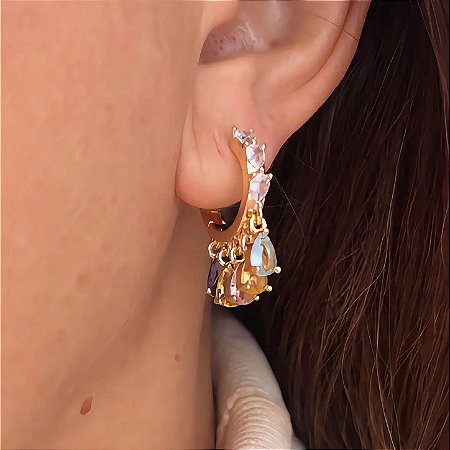 Brinco Argolinha Gotas de Cristal Collors Lumin Banhado a Ouro 18k