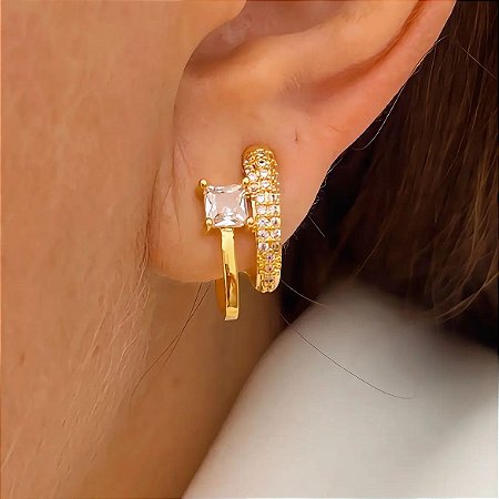 Brinco Oval 2 Fios Ponto Luz Amelie Banhado a Ouro 18k